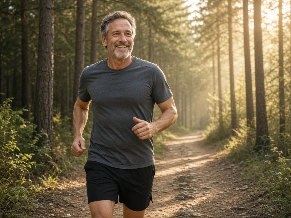Smiling adult running on a forest trail